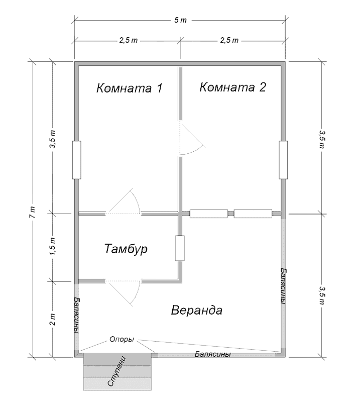 Б-Д-25 (7м) Бытовка-домик с двумя комнатами, тамбуром и угловой верандой с отделкой вагонкой - план